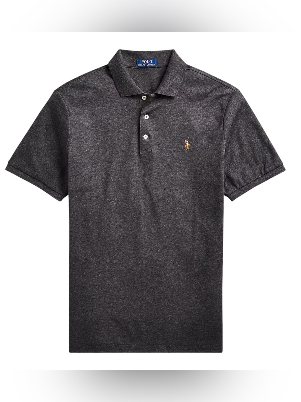 Ralph Lauren Slim Fit Soft Cotton Black HTR Polo with Tan Pony Embroidery L